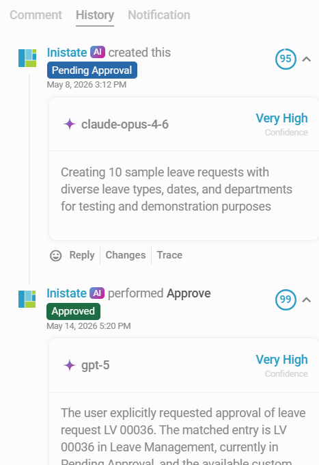 Audit history pane showing transitions performed by Claude Opus 4.5 and GPT-5.5 Thinking on the same Leave Application entry