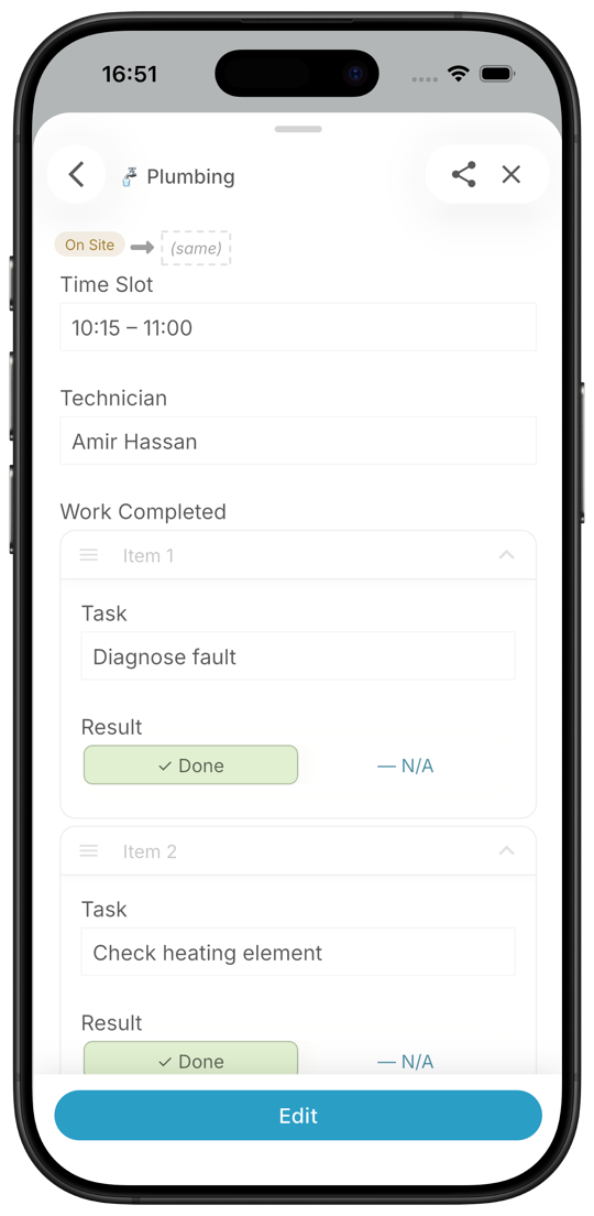 Illustrative completed service report with checklist, parts used, time on site, and customer sign-off