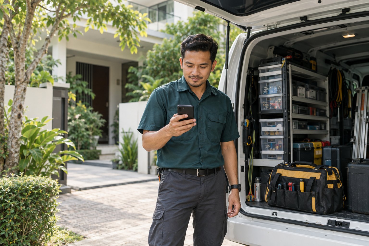 Technician checking his phone beside an organised service van before a visit
