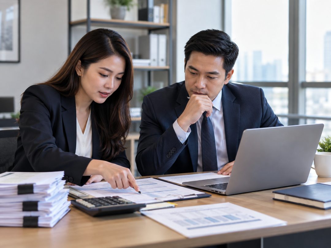 Two colleagues reviewing documents together beside a laptop