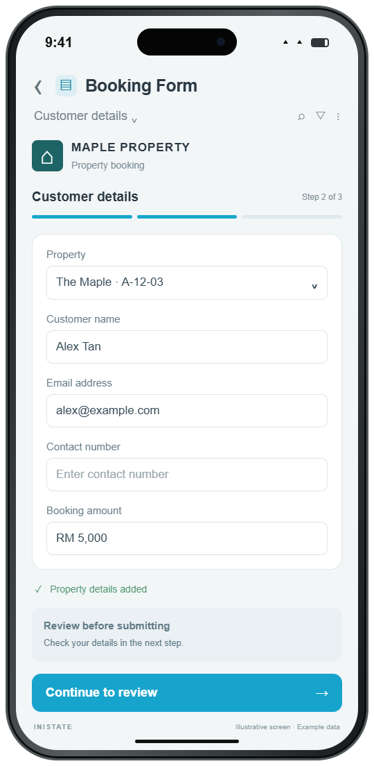Concept property booking form with customer details and a review step