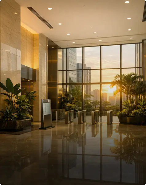 Sunlit property lobby with tall windows and indoor greenery