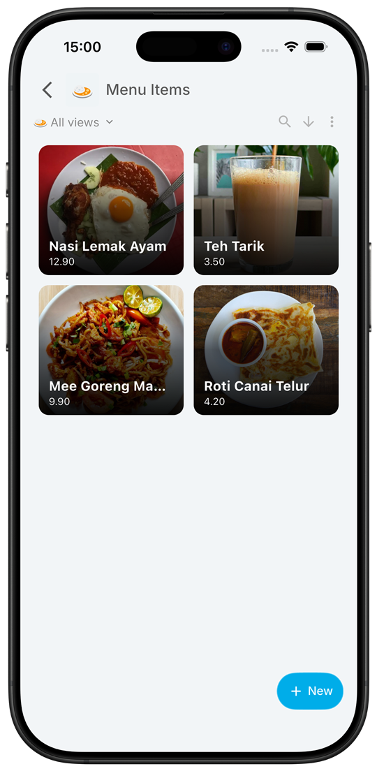 Inistate menu items displayed as a two-column photo grid with prices